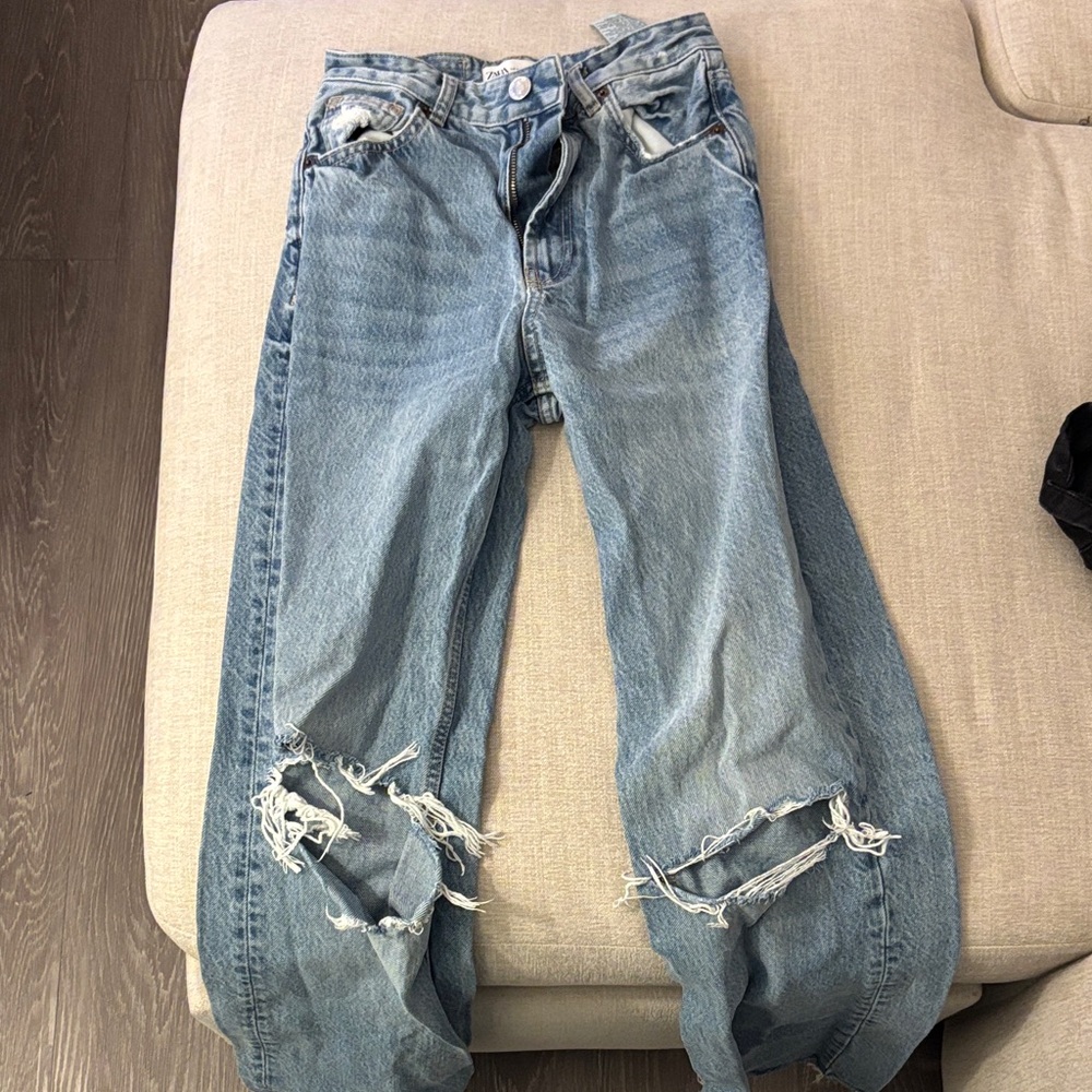 Zara Light Blue Distressed Boyfriend Jeans